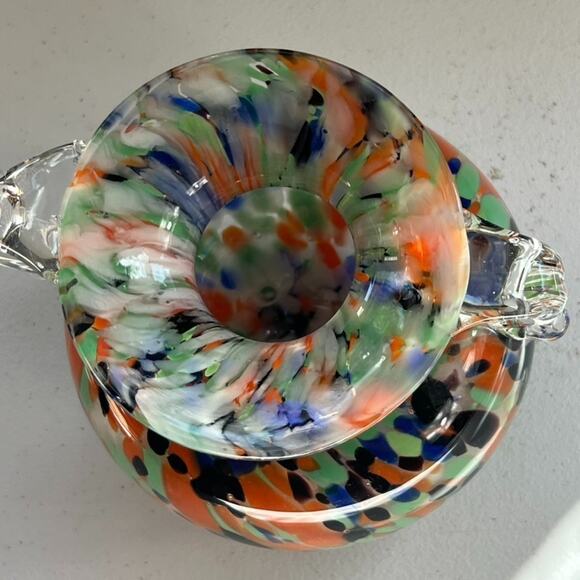 Vintage Hand Blown Art Glass Comfety Spotted Heavy Vase 2 Handles - Picture 4 of 16